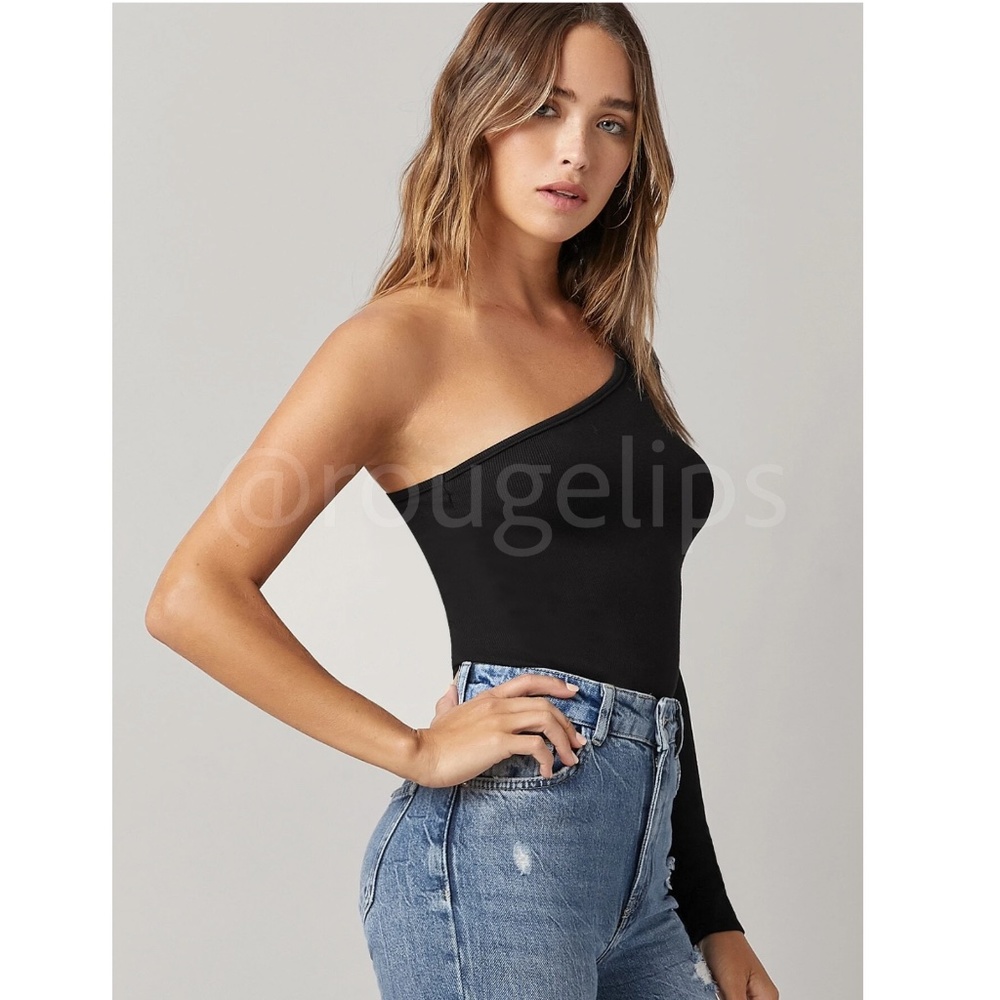 Black One Shoulder Asymmetrical Slim Fit Shirt Top - Picture 2 of 7